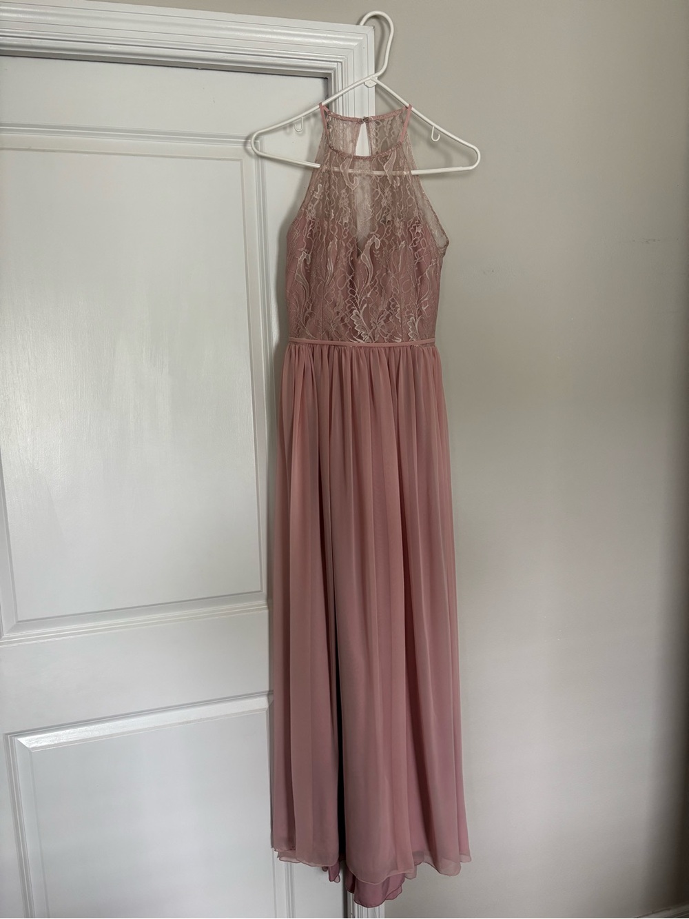 Hayley Paige Occasions Mauve Pink Lace Halter Maxi Dress